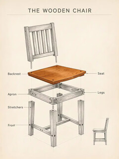 An exploded-view pencil drawing titled The Wooden Chair, with a warm wooden seat and labelled parts on cream paper.