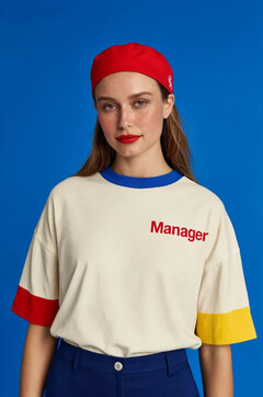 A studio portrait of a woman in a cream tee printed Manager in red, with red and yellow cuffs, on cobalt blue.