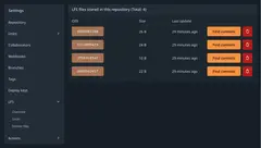 Web UI-based list of all LFS files associated with a Forgejo repository. On the left side, there is a "Settings" sidebar; the "LFS" section is expanded and shows the options "Overview", "Locks" and "Pointer files". Next to the sidebar, there is a table with 4 table rows; one for each LFS file present. Each row contains the OID of the LFS file, its size, when it was last updated, as well as two buttons: "Find commits" and a "Delete" button.