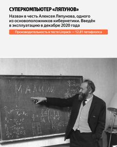 «Ляпунов» получил имя в честь Алексея Ляпунова — знаменитого математика, чьи работы лежат в основе компьютерных наук. Его характеристики: 137 вычислительных узлов, мощность 12,81 петафлопса, 17 536 ядер, 1 096 NVIDIA A100 40G, оперативная память 68,5 ТБ, энергопотребление 323 кВт.